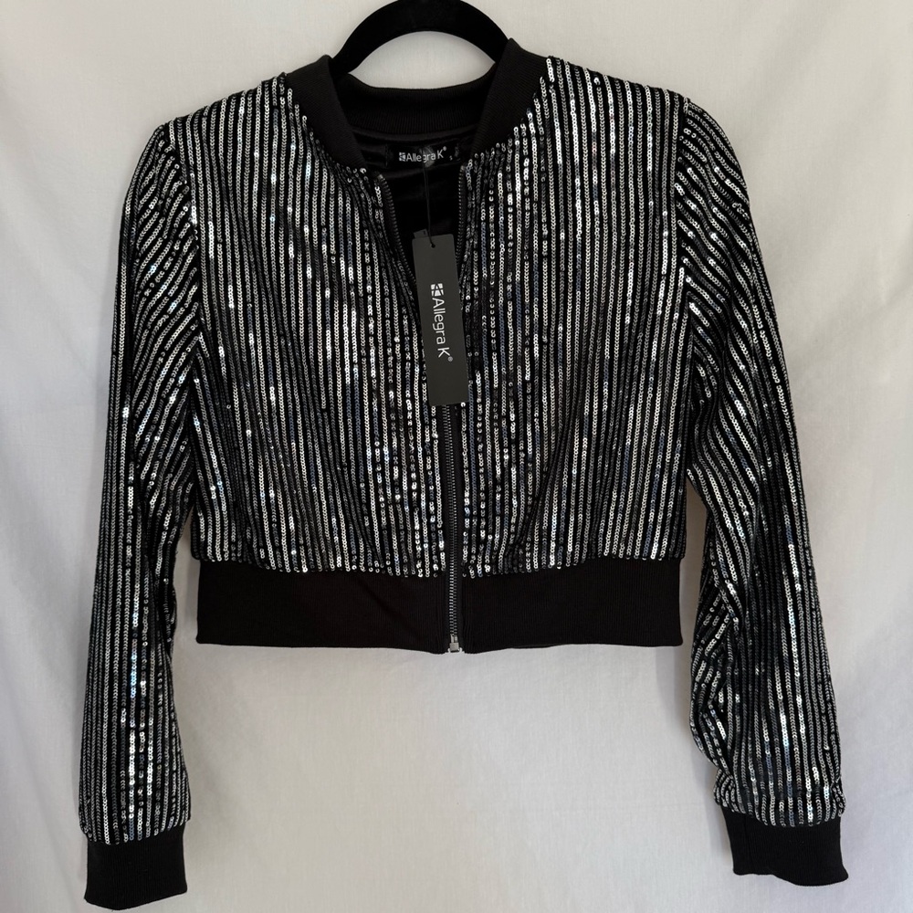 Allegra K Black and Silver Sequin Cropped Bomber Jacket